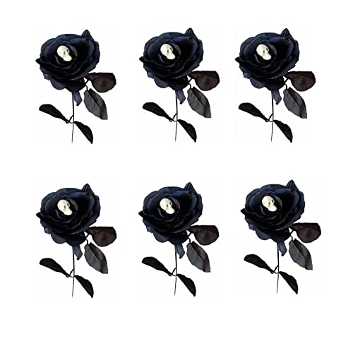HGUIM 6 Stück künstliche schwarze Rosen mit Totenkopf, 41 cm, Halloween-Rosenstrauß, Seidenrosen mit Stielen für Halloween, Party, Vase, Tisch, Heimdekoration von HGUIM