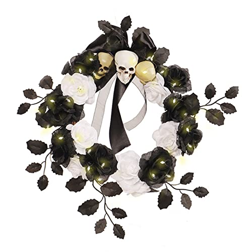 HGUIM Beleuchteter künstlicher Halloweenkranz für Haustür 30cm schwarze Rosenkränze mit gruseligem Skelett Halloween Totenkopf Kranz für Haustür Wand Fenster Halloween Dekoration von HGUIM