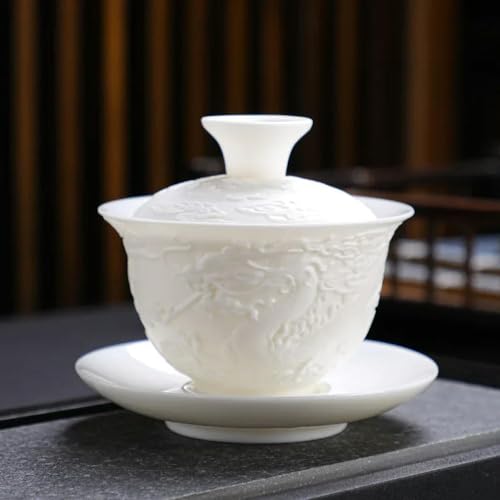 HGYEDA Gaiwan 150 ml Kung-Fu-Teeservice aus weißem Porzellan, weiße Relief-Terrine, Keramik, Geschäftsgeschenk, einfache tragbare Drachen- und Phönix-Tassen von HGYEDA