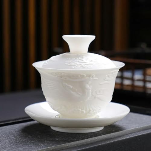 Gaiwan 150 ml Kung-Fu-Teeservice aus weißem Porzellan, weiße Relief-Terrine, Keramik, Geschäftsgeschenk, einfache tragbare Drachen- und Phönix-Tassen von HGYEDA
