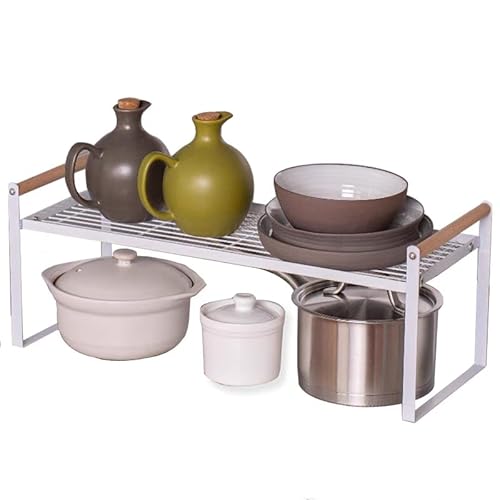 HGYZE Küchenregal Arbeitsplatte Organizer, Gewürzregale Stehend, Metall & Holz Stapelbarer Regal, Regaleinsatz für Küchenschrank Geeignet für Zuhause & Küche - 35 * 21 * 20 Tischregal (Weiß) von HGYZE