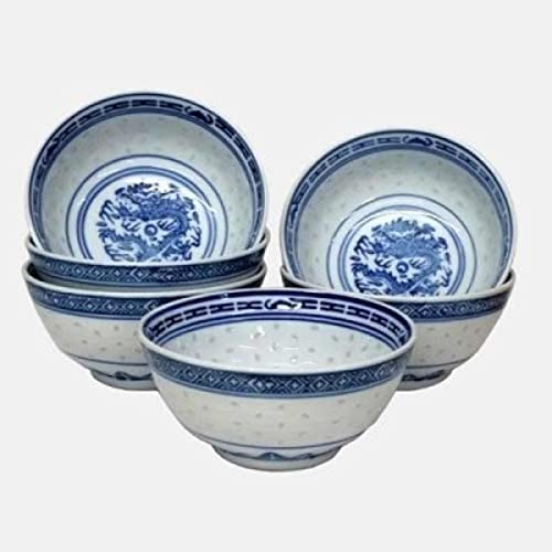 HH-CC Schalen-Set mit 6 kleinen asiatischen chinesischen Porzellan-dekorierten blauen und weißen Reisschalen Schalendurchmesser & tiefes Keramik-Reismuster Garantierte Qualität,4.5 in/11.5CM von HH-CC
