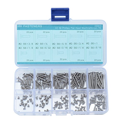 # 2–56 UNC flach Kreuzschlitz Senkkopf Maschine Schrauben Sortiment Kit, Edelstahl, Vollgewinde, 10 Größe (200 Stück) von HH FASTENERS