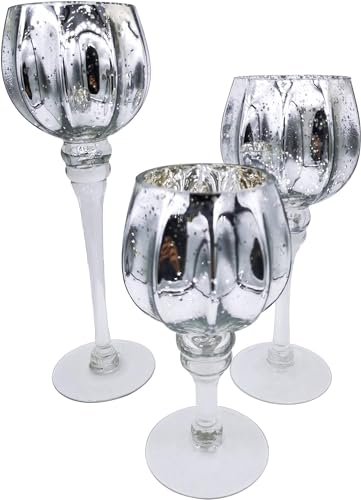 Kleebau 3tlg. Glaskelch Windlicht Set Kelchen auf Fuß Kerzenhalter Kerzenständer Kerzenleuchter H40/35/30cm Laternen Dekorative für Haus Dekoration Geburtstag Geschenk Hochzeit Feier (Silber 2) von HH HALLO HOME