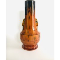 1930Er Jahre Art-Deco-Modell F-42 Bernstein Glasiert Getflutete Vase von HHArtdesignBE