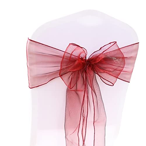 HHDHHD Stuhlschärpen aus Spitze und Organza (100 Stück, 18 x 275 cm), Elegante Schleifen for Binden for Stuhlhussen bei Hochzeiten/Banketten/Partys, verstellbare Stuhlband-Dekorationen(Burgundy) von HHDHHD