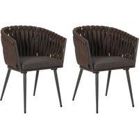 2er-Set Aluminium-Gartenstuhl HHG 418, Outdoor Stuhl Armlehne, Olefin Seilgeflecht Rope braun Kissen dunkelgrau von HHG