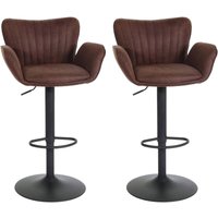 HHG - 2er-Set Barhocker 098, Barstuhl, mit Armlehne Fußablage drehbar Stoff/Textil Eisen mvg dunkelbraun Fuß schwarz von HHG
