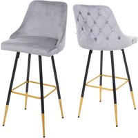 2er-Set Barhocker HHG 665, Barstuhl Tresenhocker, Retro Design Samt goldene Streben/Füße grau von HHG