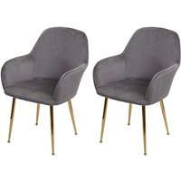 HHG - 2er-Set Esszimmerstuhl 240, Stuhl Küchenstuhl, Retro Design Samt grau, goldene Beine - grey von HHG