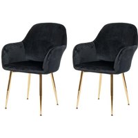 2er-Set Esszimmerstuhl HHG 240, Stuhl Küchenstuhl, Retro Design Samt schwarz, goldene Beine von HHG