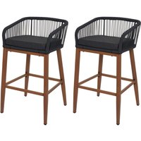 2er-Set Rope-Barhocker HHG-110, Outdoor Sitzpolster Seilgeflecht Metall Holz-Optik anthrazit, Kissen dunkelgrau von HHG