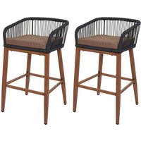 2er-Set Rope-Barhocker HHG 110, Outdoor Sitzpolster Seilgeflecht Metall Holz-Optik anthrazit, Kissen taupe von HHG