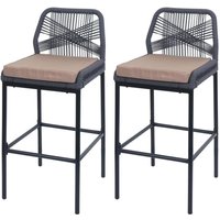 HHG - 2er-Set Rope-Barhocker 988, Outdoor Sitzpolster Seilgeflecht Metall anthrazit, Kissen taupe von HHG