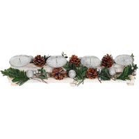 Adventsgesteck HHG-797 mit Kerzenhaltern, Adventskranz Weihnachtsdeko Holz silber weiß 18x49x13cm ohne Kerzen von HHG