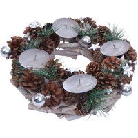 Adventskranz HHG-807, Adventsgesteck Tischkranz Weihnachtsdeko Tischdeko, Holz MVG silber Ø 32cm ohne Kerzen von HHG