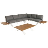 Aluminium Garten-Garnitur HHG 802, Sitzgruppe Garten-/Lounge-Set Sofa, Holzoptik Gestell weiß, Polster hellgrau von HHG