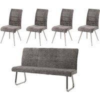 HHG - Esszimmer-Set 221, 4er-Set Stuhl + Sitzbank 180cm, Edelstahl gebürstet Stoff/Textil Chenille dunkelgrau von HHG