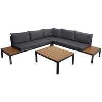 HHG - Garten Garnitur 137b, Garnitur Sitzgruppe Garten-/Lounge-Set Sofa, Olefin Holzoptik Alu Polster dunkelgrau - black von HHG