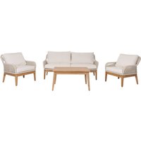Gartengarnitur HHG 662b, Lounge-Set Gartenlounge Sofa Sessel Tisch, Seilgeflecht Rope Holz Akazie creme von HHG