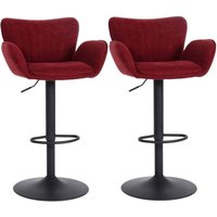 HHG - 2er-Set Barhocker 098, Barstuhl, mit Armlehne Fußablage drehbar Stoff/Textil Eisen mvg bordeaux Fuß schwarz von HHG