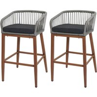 HHG - 2er-Set Rope-Barhocker 110, Outdoor Sitzpolster Seilgeflecht Metall Holz-Optik hellgrau, Kissen dunkelgrau von HHG