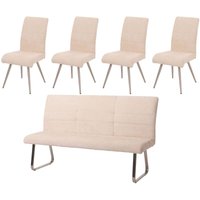 HHG - Esszimmer-Set 221, 4er-Set Stuhl + Sitzbank 180cm, Edelstahl gebürstet Stoff/Textil Chenille creme von HHG