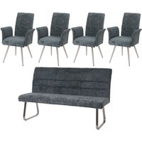 HHG - Esszimmer-Set 221, 4er-Set Stuhl mit Armlehne+Sitzbank 180cm, Edelstahl gebürstet Stoff/Textil Chenille blau-grün von HHG