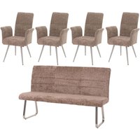HHG - Esszimmer-Set 221, 4er-Set Stuhl mit Armlehne+Sitzbank 180cm, Edelstahl gebürstet Stoff/Textil Chenille braun von HHG