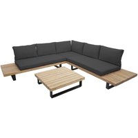 Garten-Garnitur HHG 641, Garnitur Sitzgruppe Lounge-Set, Spun Poly Akazie Holz mvg Alu hellbraun, Polster dunkelgrau - grey von HHG