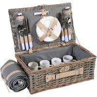 Picknickkorb-Set HHG 140 für 4 Personen, Weiden-Korb, Porzellan Edelstahl schwarz-weiß - grey von HHG