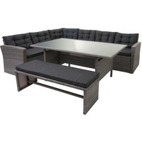 HHG - Poly-Rattan-Garnitur 471, Gartengarnitur Sitzgruppe Lounge-Esstisch-Set Sofa grau, Kissen grau + Bank - grey von HHG