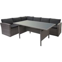 HHG - Poly-Rattan-Garnitur 471, Gartengarnitur Sitzgruppe Lounge-Esstisch-Set Sofa ~ grau, Kissen grau - gray von HHG
