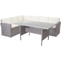 HHG - Poly-Rattan-Garnitur 471, Gartengarnitur Sitzgruppe Lounge-Esstisch-Set Sofa hellgrau, Kissen creme - grey von HHG