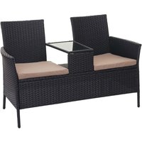 Poly-Rattan Sitzbank mit Tisch HHG 243, Gartenbank Sitzgruppe Gartensofa, 132cm schwarz, Kissen creme - black von HHG