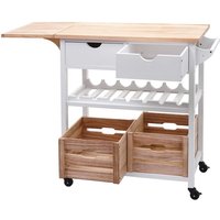 Servierwagen HHG 016, Küchenwagen Rollwagen Küchenhelfer Beistellwagen Teewagen, Kiefernholz 89x119x41cm natur-weiß - white von HHG