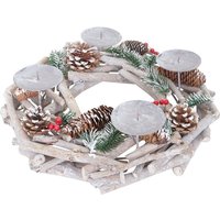 HHG - Tischkranz rund, Weihnachtsdeko Adventskranz, Holz ø 35cm weiß-grau ohne Kerzen von HHG