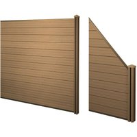 WPC-Sichtschutz Savoie, Windschutz Zaun, WPC-Pfosten 2er Set schräg, 2,91m teak - brown von HHG