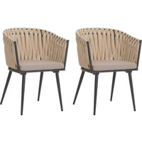 Neuwertig] 2er-Set Aluminium-Gartenstuhl HHG 418, Outdoor Stuhl Armlehne, Olefin Seilgeflecht Rope creme Kissen hellbraun von HHG
