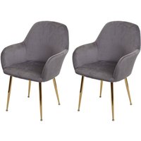 Neuwertig] 2er-Set Esszimmerstuhl HHG 240, Stuhl Küchenstuhl, Retro Design Samt grau, goldene Beine von HHG