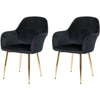 HHG - neuwertig] 2er-Set Esszimmerstuhl 240, Stuhl Küchenstuhl, Retro Design Samt schwarz, goldene Beine von HHG
