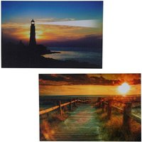 HHG - neuwertig] 2er-Set LED-Bild Leinwandbild Leuchtbild Wandbild 40x60cm, Timer Sea von HHG