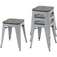 HHG - neuwertig] 4er-Set Hocker 771 inkl. Holz-Sitzfläche, Metallhocker Sitzhocker, Metall Industriedesign stapelbar grau - grey von HHG