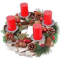 HHG - neuwertig] Adventskranz 492, Weihnachtsdeko Adventsgesteck Weihnachtsgesteck, Holz rund ø 33cm inkl. 4x Kerzen rot von HHG