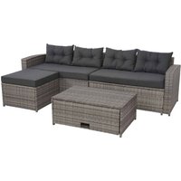 HHG - neuwertig] Poly-Rattan Garnitur 080, Balkon-/Garten-/Lounge-Set Sitzgruppe Sofa, Staufach grau, Kissen dunkelgrau von HHG