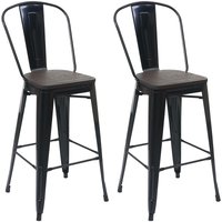 [NEUWERTIG] 2er-Set Barhocker HHG-407 inkl. Holz-Sitzfläche, Barstuhl Tresenhocker mit Lehne, Metall Industriedesign schwarz von HHG