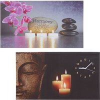 [NEUWERTIG] 2er-Set LED-Bild, Leuchtbild Leinwandbild Wandbild, Timer Buddha/Harmony Wanduhr 70x40cm - multicolour von HHG