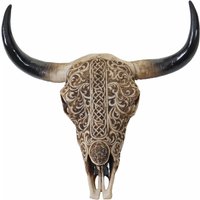 [NEUWERTIG] Deko Schädel 31cm HHG-931, Polyresin Stier Bulle Longhorn Kopf Trophäe mit Tribal, In-/Outdoor - brown von HHG