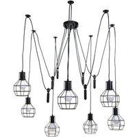 Neuwertig] Pendelleuchte HHG 195, Hängelampe Hängeleuchte, Industrial Metall höhenverstellbar schwarz 7x Gitterlampenschirm von HHG