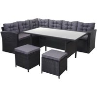 Neuwertig] Poly-Rattan-Garnitur HHG 389, Gartengarnitur Sitzgruppe Lounge-Esstisch-Set, schwarz Kissen dunkelgrau, mit 2x Hocker - black von HHG